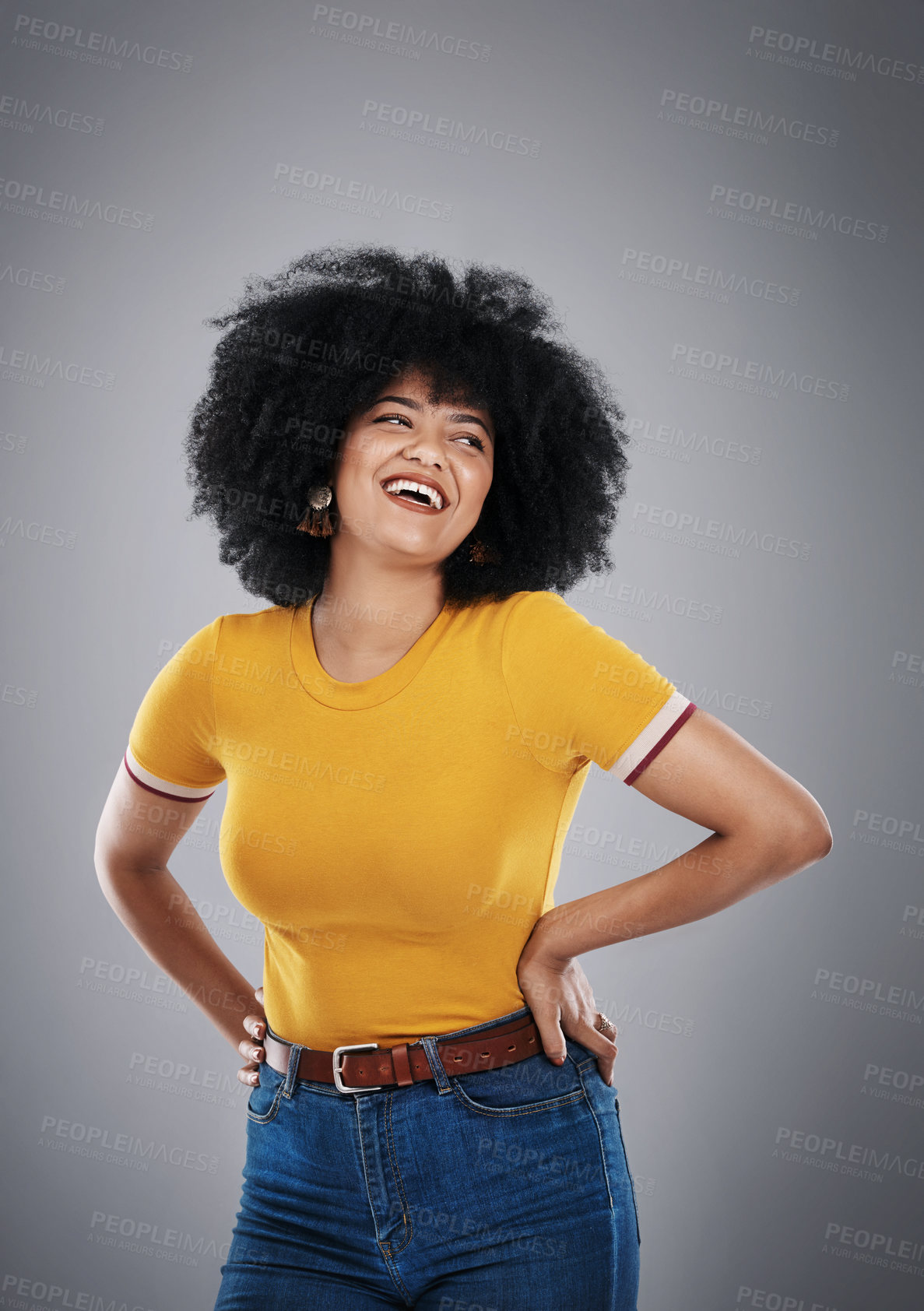 Buy stock photo Woman, tshirt and smile of fashion, clothes and stylish with confidence of girl. Afro, happiness and female person in dark background, pride and hair for model, cool and trendy, cheerful and studio