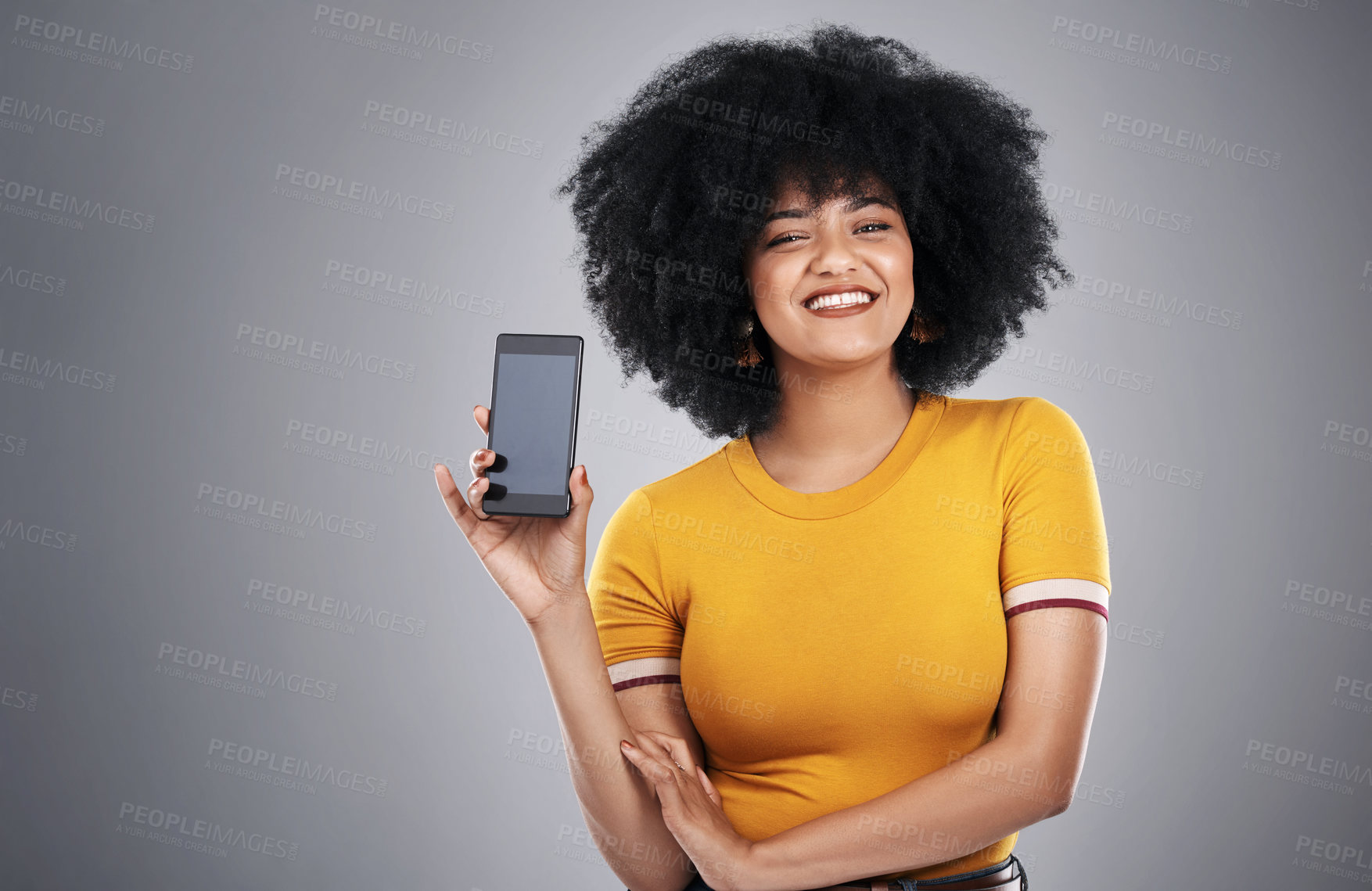 Buy stock photo Technology, portrait of black woman with smartphone screen and in background. Communication or social media, networking and happy African female with cellphone for advertisement in studio backdrop