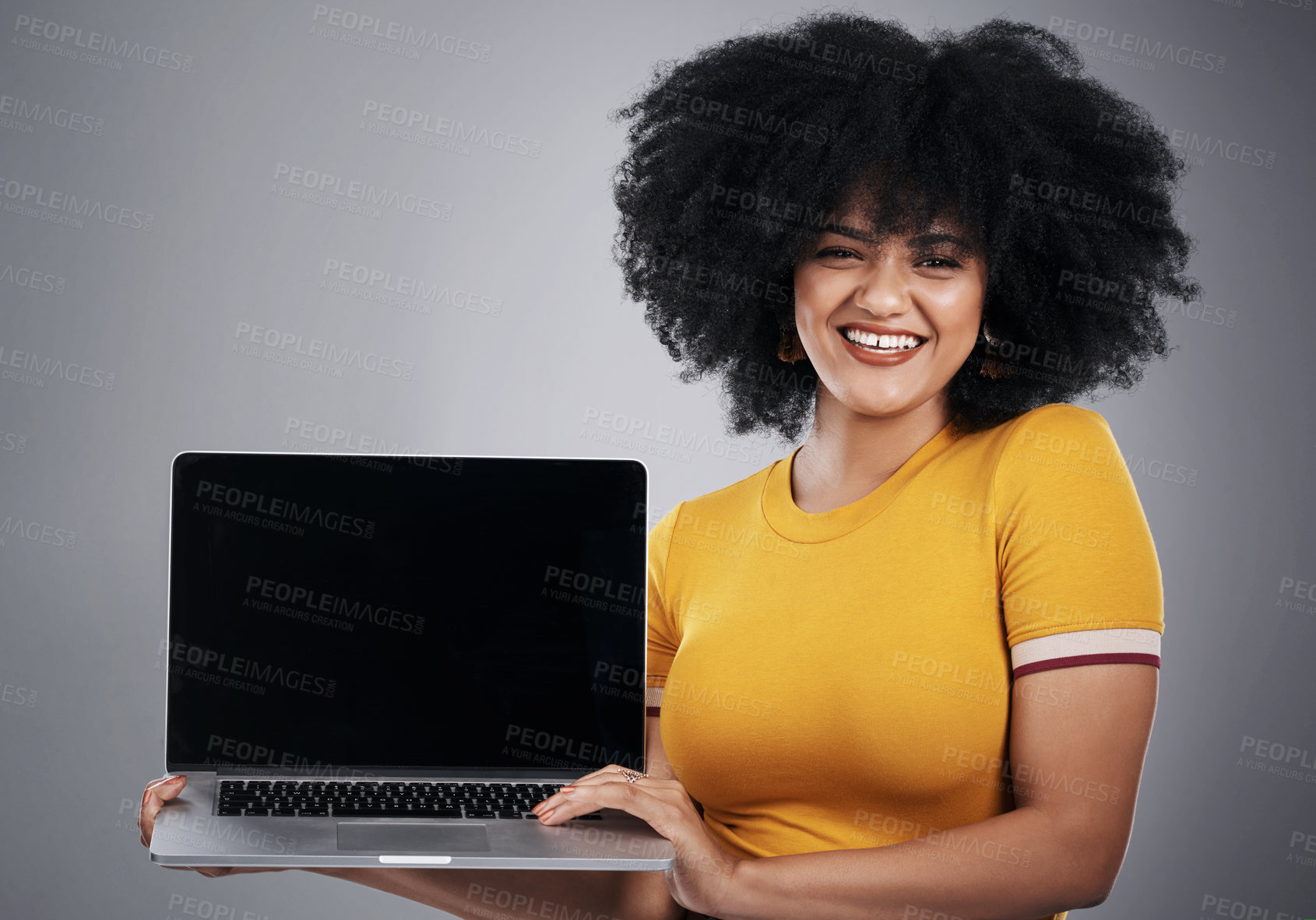 Buy stock photo African woman, studio and laptop screen for college, presentation or e learning registration and portrait. Student with computer mockup to sign up for online course in marketing on a gray background