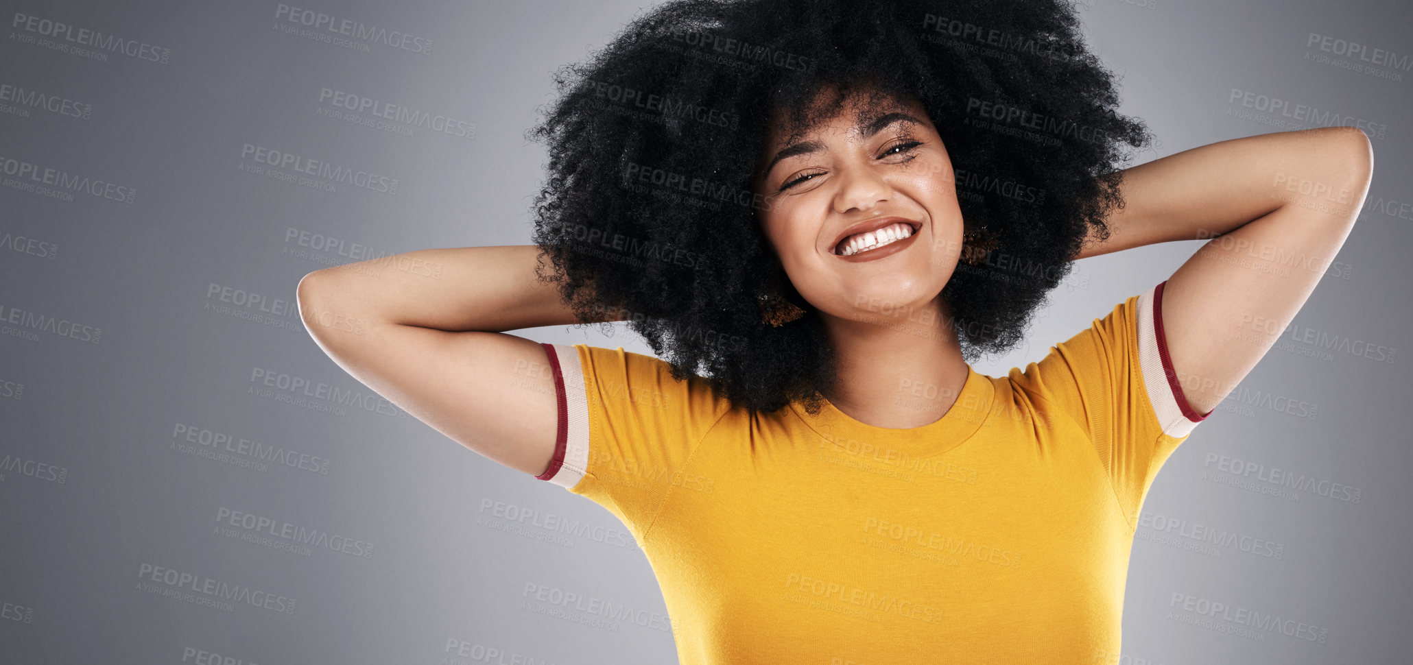 Buy stock photo Woman, clothes and portrait of fashion, fun and smile for banner, stylish and confidence of girl. Afro, happy and female model in black background, pride and hair for person, cheerful and studio