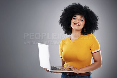 Buy stock photo African woman, portrait and laptop in studio for college, university or e learning registration. Student or girl on computer with sign up, internet or subscription of online course on gray background