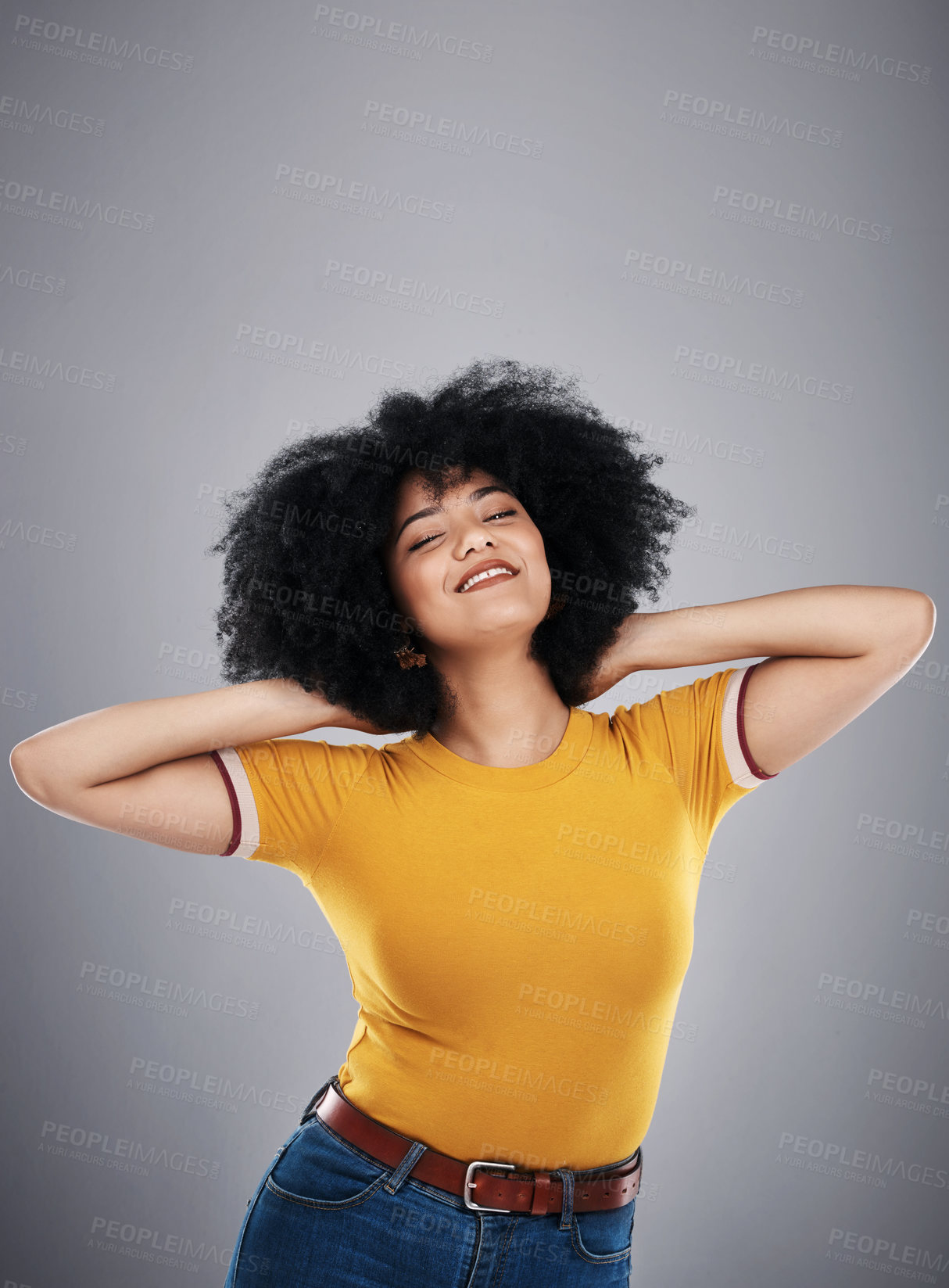 Buy stock photo Woman, clothes and afro of fashion, relax and smile for tshirt, stylish and confidence of girl. Aesthetic, happy and female person in dark background, pride and hair for model, cheerful and studio