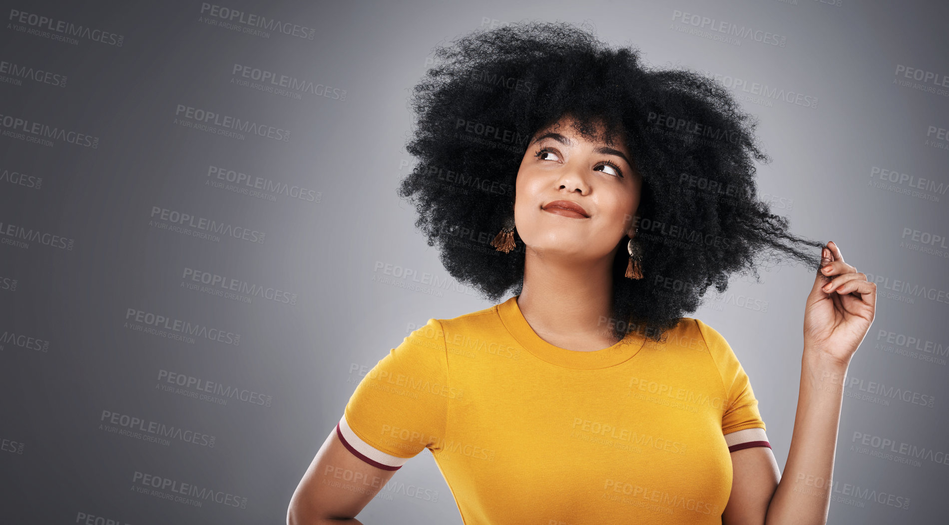 Buy stock photo African woman, thinking and hair in studio for with ideas for natural texture, care and growth on gray background. Curly girl, model or person with hairstyle tips, choice and decision on banner space