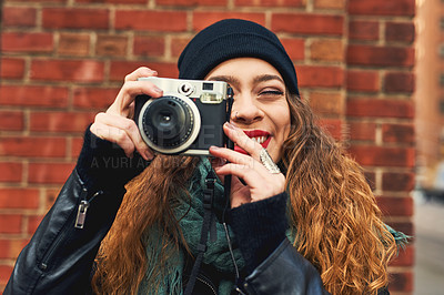 Buy stock photo Photographer, camera and portrait of woman in city for vintage, gallery artist and creative. Photoshoot, portfolio catalogue and lens focus with person shooting for production, memory and picture