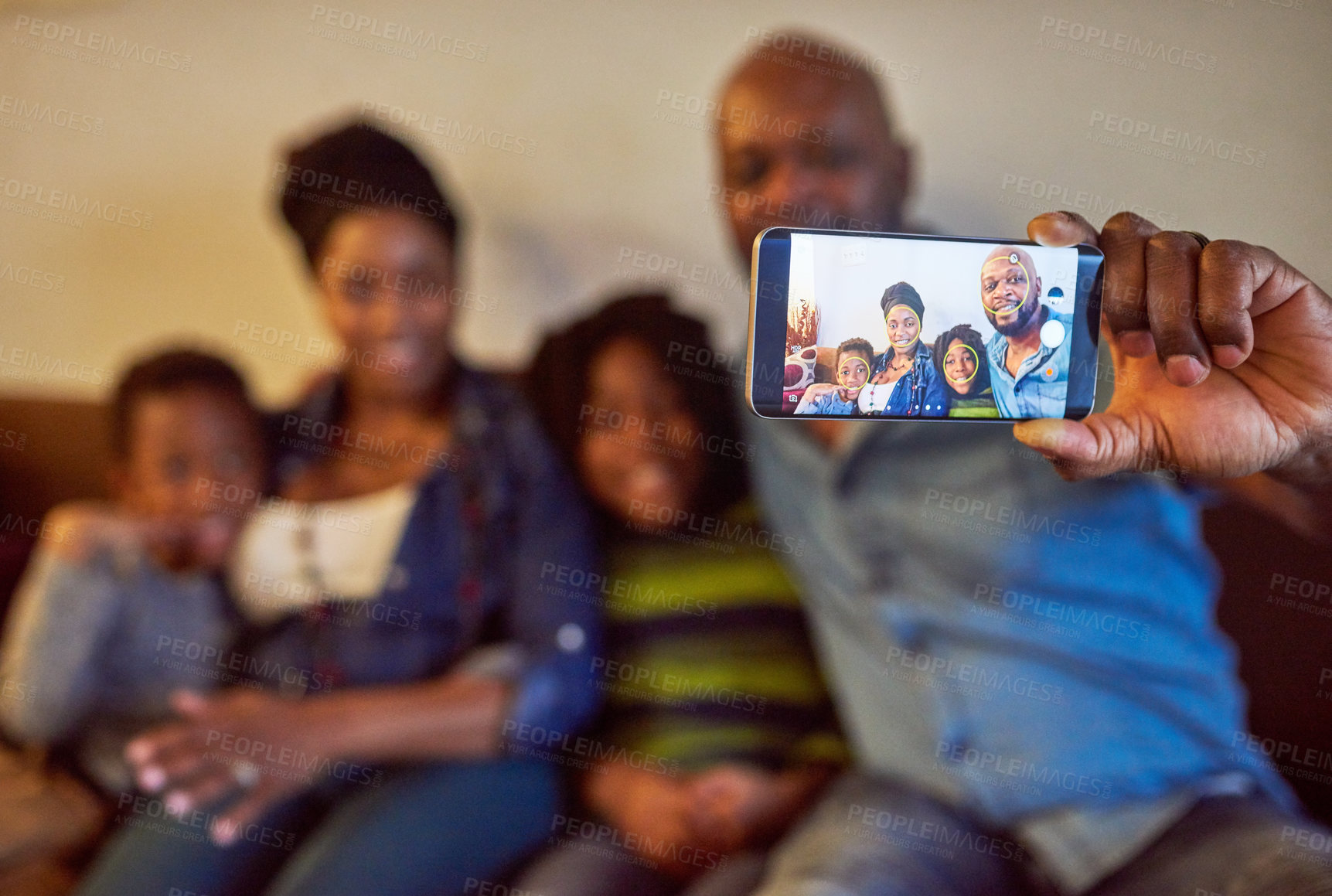 Buy stock photo Black family, phone screen and selfie in home for love, memory or relax closeup. Mobile, mother and father take pictures with happy children on sofa for social media post, photo or hand record video