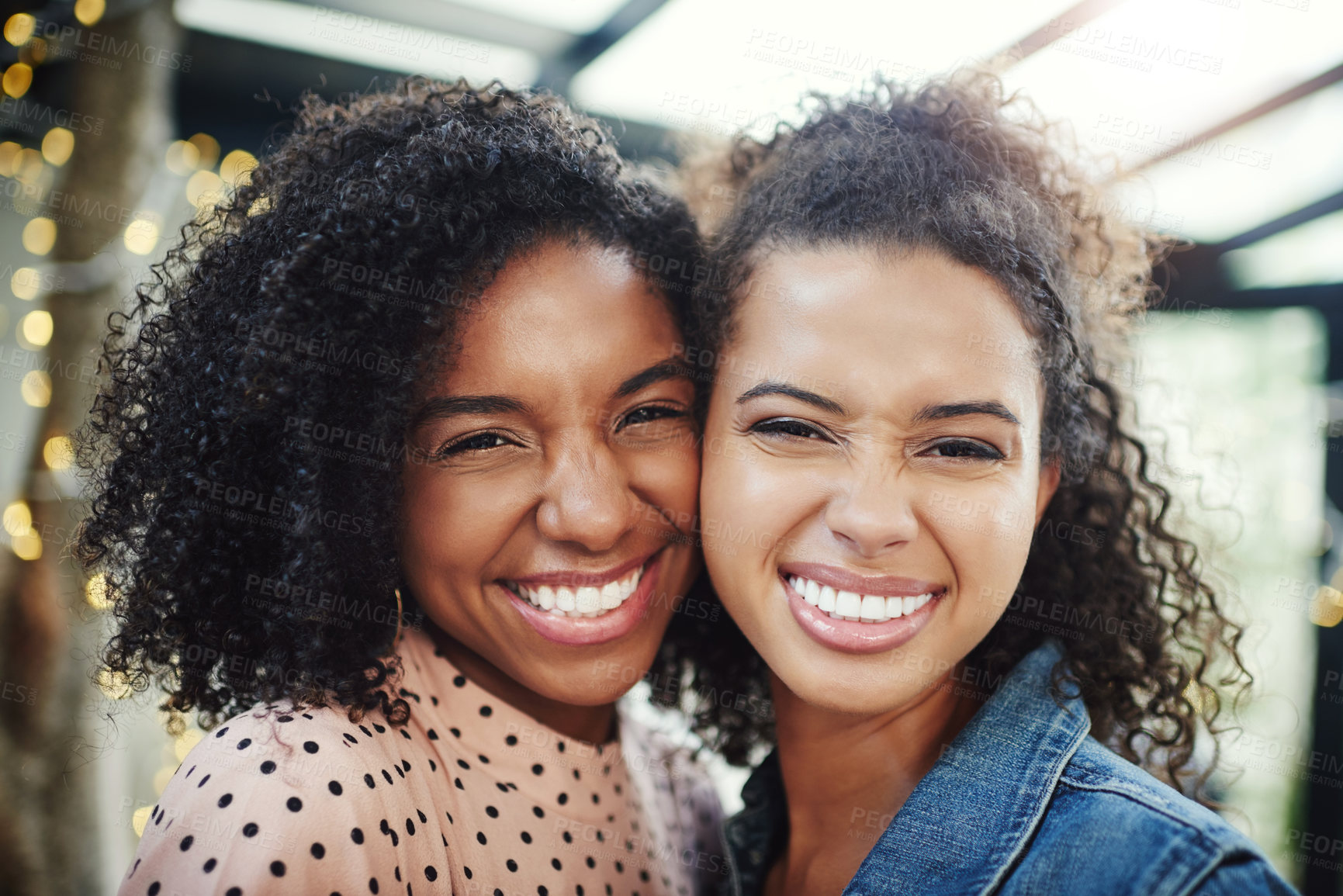 Buy stock photo Portrait, happy and friends with smile, hug and reunion for girls, relax and together for weekend. Break, black women and joy for bonding, people and care for relationship, affection and Kenya