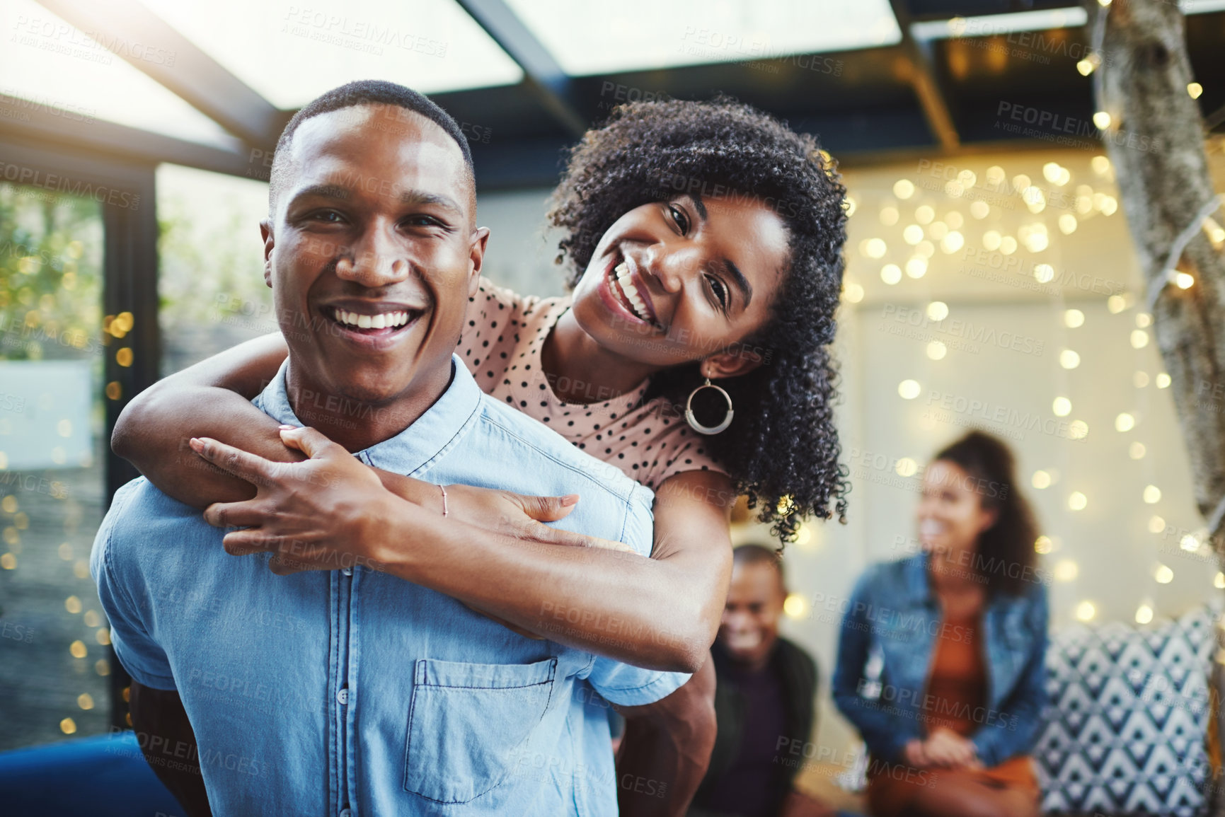 Buy stock photo Happy couple, piggyback and love on date for romance, relationship and smile with portrait on weekend. Man, woman and together for anniversary, new year and friends with partner, home and support