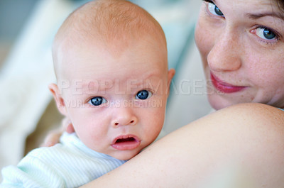 Buy stock photo Kid, portrait and mom holding baby, bonding and care together in home. Face, child and mother carrying newborn, infant or young toddler, playing and enjoying quality time with love, family and happy.