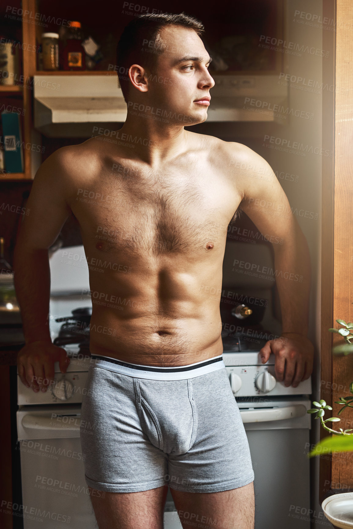 Buy stock photo Man, body and thinking in home for idea, planning and relax on weekend with wondering or daydreaming. Male person, underwear and morning vision in kitchen of apartment for decision, choice or comfort