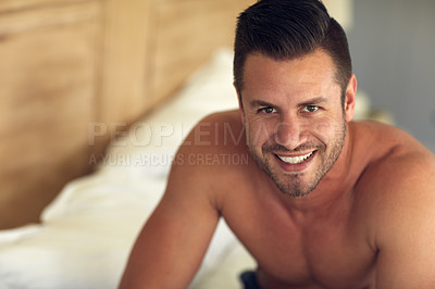 Buy stock photo Portrait of a young handsome man in bed at home