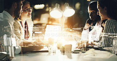 Buy stock photo Cropped shot of a group of businesspeople working around a table in the office superimposed over a city background