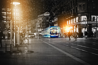 Buy stock photo Digitally enhanced cityscape with copy space, people, and a bus for public transport. Pedestrian walking in a busy intersection outdoors in an urban scene. Rush hour in a abroad in the evening