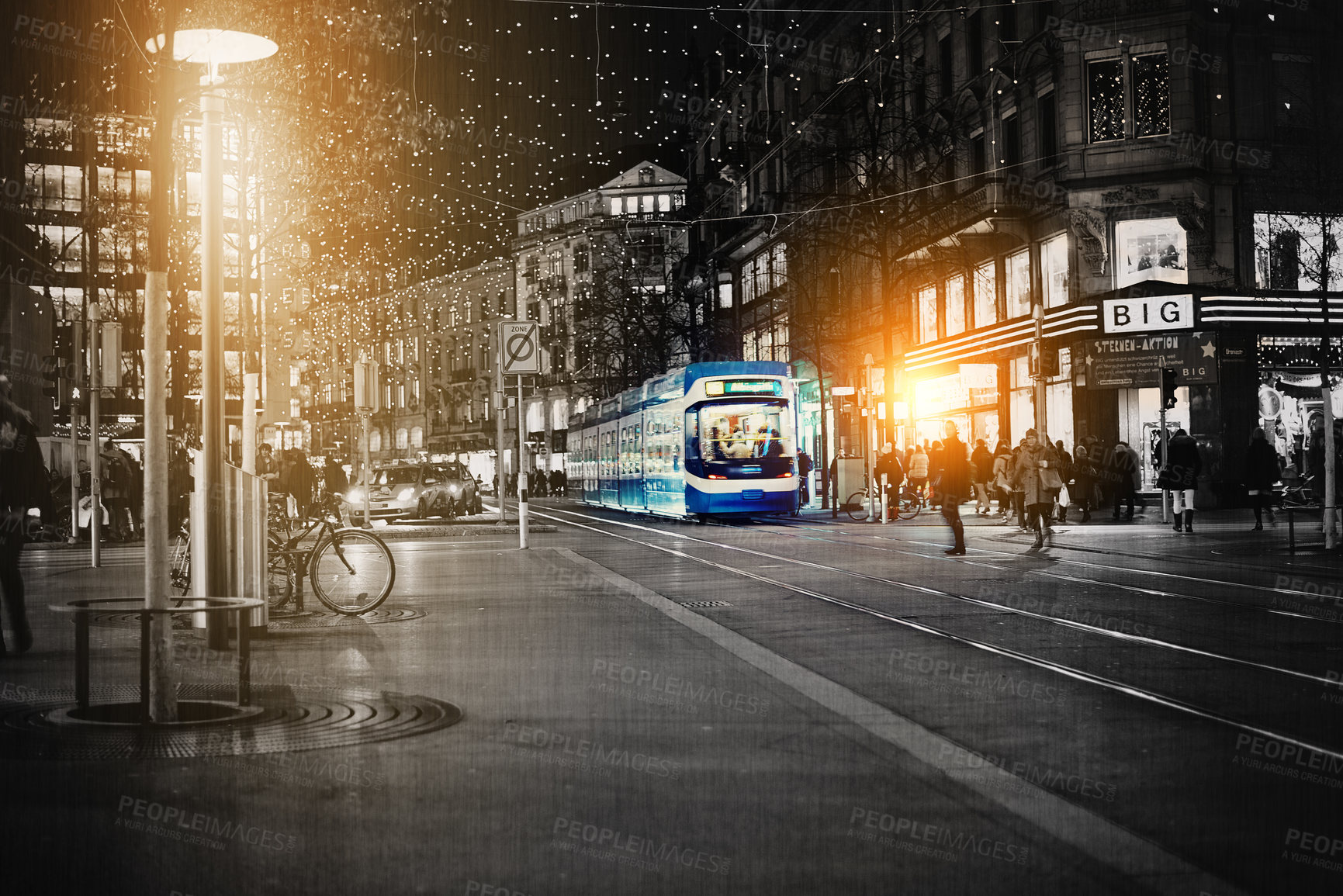 Buy stock photo Digitally enhanced cityscape with copy space, people, and a bus for public transport. Pedestrian walking in a busy intersection outdoors in an urban scene. Rush hour in a abroad in the evening