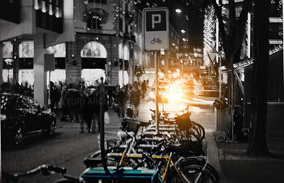 Buy stock photo Urban town, black and white with city street and buildings with New York and travelling. Metro, outdoor and flare with monochrome and nightlife with transportation and people with road and bike