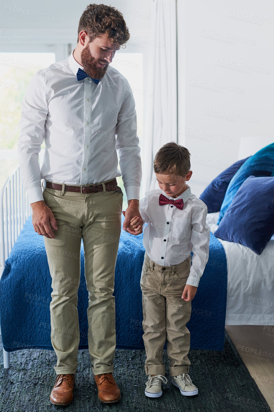 Buy stock photo Matching outfit, dressing and dad with child in bedroom with style, formal clothes and fashion. Family, morning routine and happy father with young boy for event, bonding and care in home together