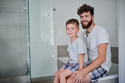 Buy stock photo Portrait of a father and his little son getting ready in the bathroom at home