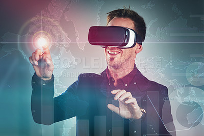 Buy stock photo Studio shot of a handsome young businessman using a vr headset against a digitally imposed background