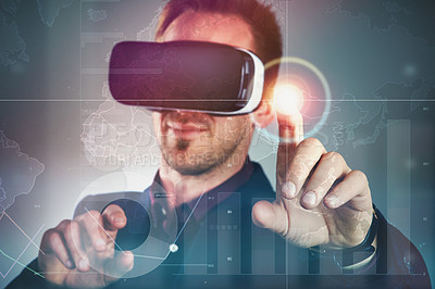 Buy stock photo Studio shot of a handsome young businessman using a vr headset against a digitally imposed background