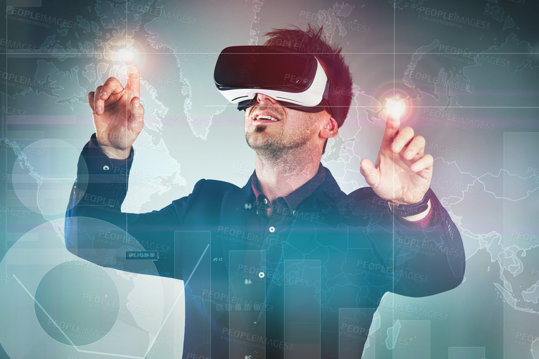 Buy stock photo Studio shot of a handsome young businessman using a vr headset against a digitally imposed background