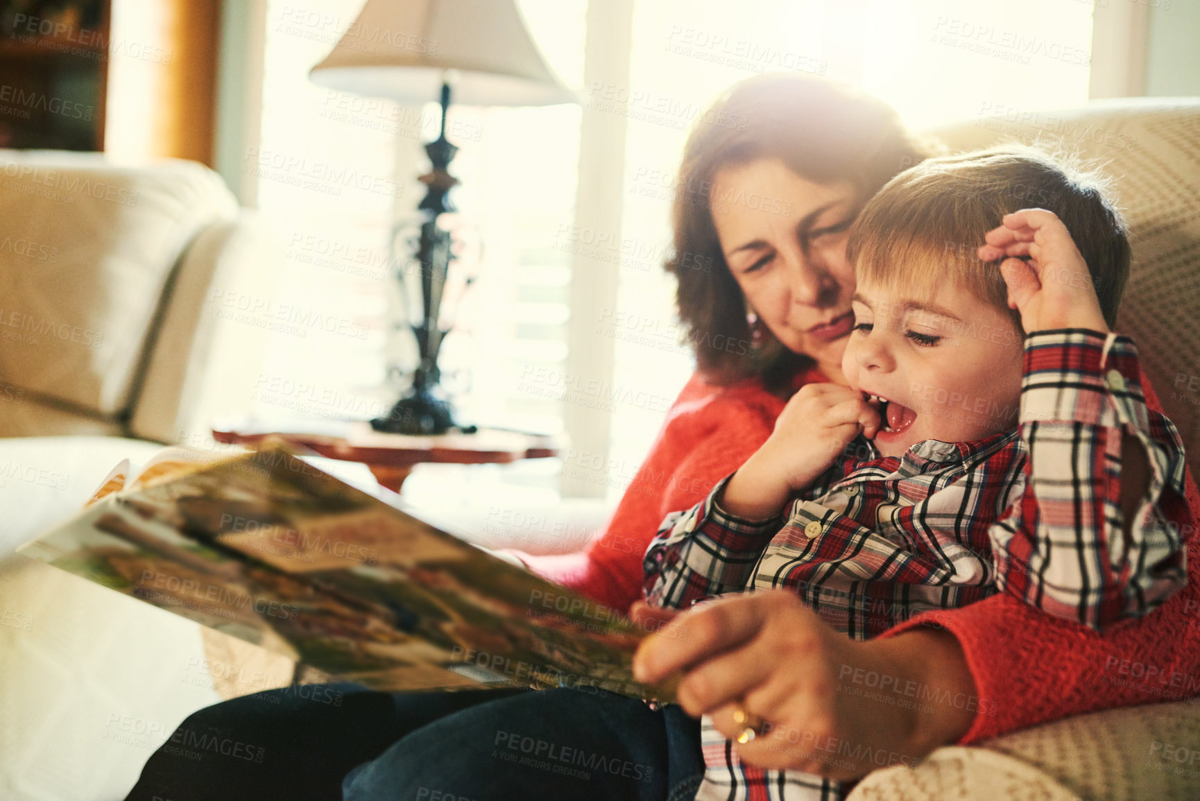 Buy stock photo Cropped shot of a grandmother reading a book to her adorable little grandson on the couch in the living room at home