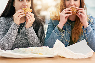 Buy stock photo Cropped shot of two female best friends eating sandwiches at an amusement park outside