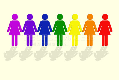 Buy stock photo Icon, color and group of women with diversity, affirmative action and solidarity in LGBT community. Rainbow, emoji and paper chain of gay people with support, inclusion or pride in social development