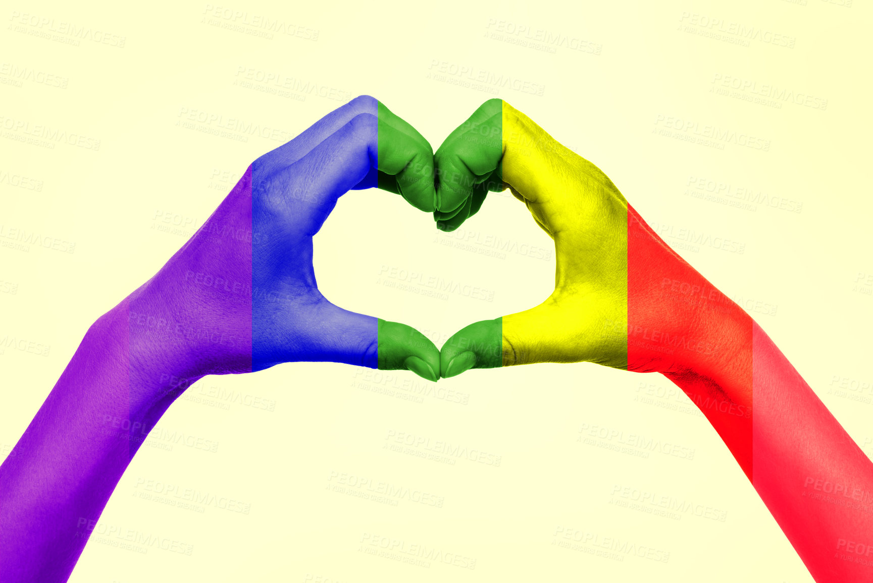 Buy stock photo Cropped shot of an unrecognizable woman making a heart shape with her rainbow colored hands against a yellow background
