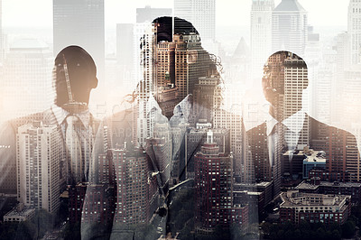 Buy stock photo Shot of a young businesswoman standing in front of two businessmen superimposed on a cityscape