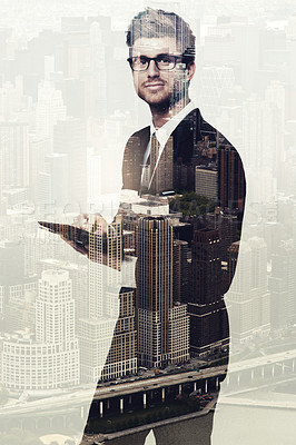 Buy stock photo Portrait of a young businessman using a digital tablet superimposed over a cityscape