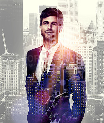 Buy stock photo Double exposure, businessman and portrait with corporate, city and motivation for finance. New York broker, buildings and urban background cityscape for professional, ambition and career success