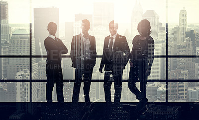 Buy stock photo Portrait of a stylishly dressed young businessmen superimposed over a cityscape