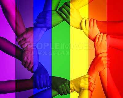 Buy stock photo Cropped shot of unrecognizable people linking arms against a multi colored overlay
