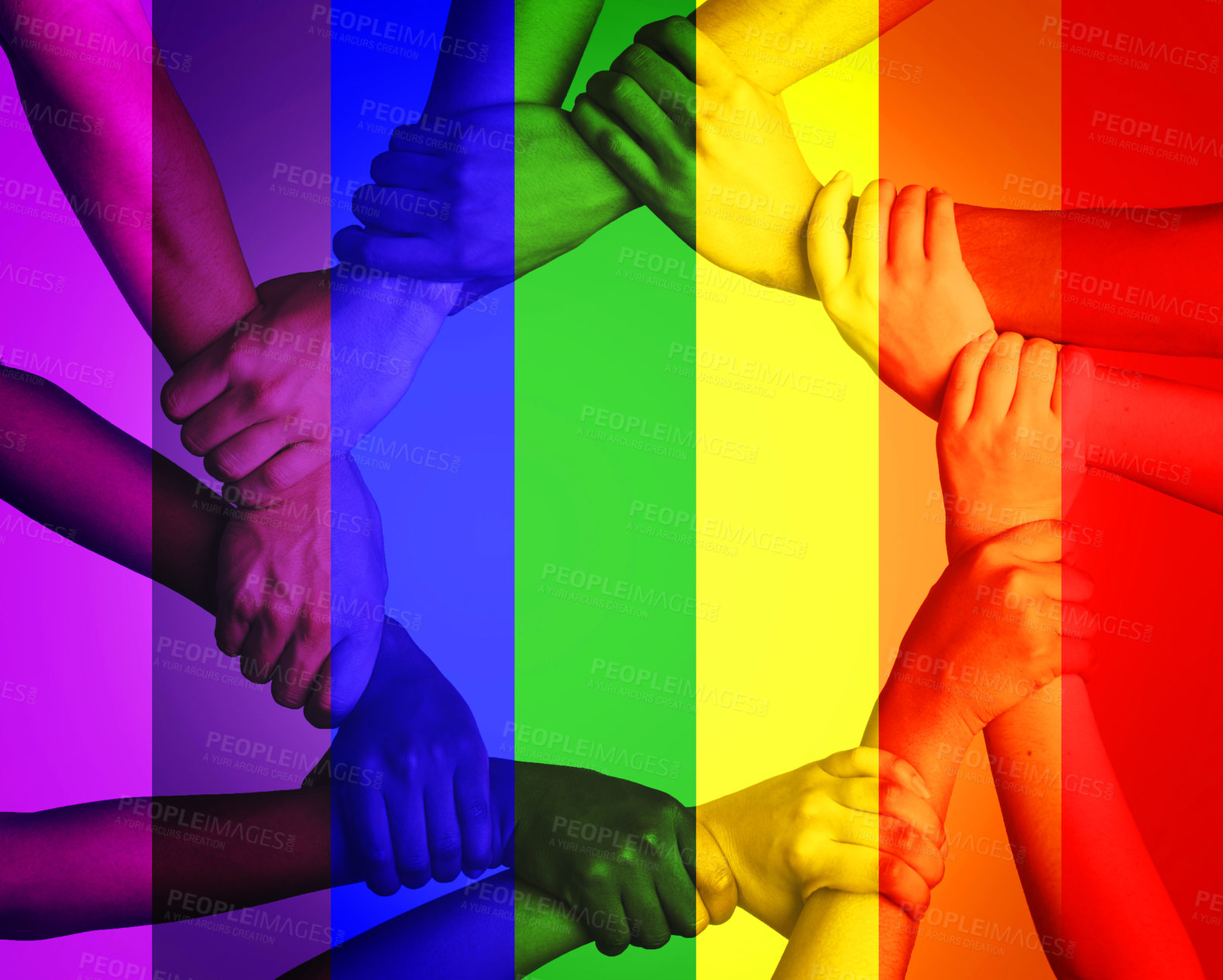 Buy stock photo Cropped shot of unrecognizable people linking arms against a multi colored overlay