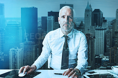 Buy stock photo Portrait of a mature businessman using a computer in a modern office superimposed over a cityscape