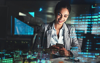 Buy stock photo Shot of a young businesswoman working late at night in a modern office superimposed over a cityscape