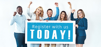 Buy stock photo People, happy and poster to register in studio on white background with portrait, vote and smile. Diversity, teamwork and collaboration on campaign for citizens, human rights, advocacy and excited 