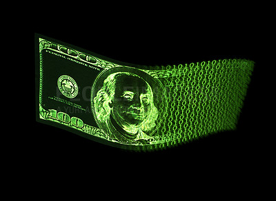 Buy stock photo Digital dollar note isolated on dark background representing business, finance and inflation issues. Illustration of money and computer code. Digitally generated crypto currency of ones and zeros