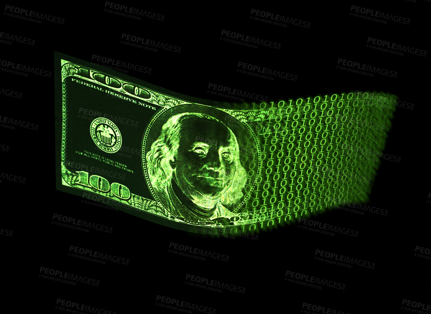 Buy stock photo Digital dollar note isolated on dark background representing business, finance and inflation issues. Illustration of money and computer code. Digitally generated crypto currency of ones and zeros