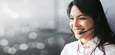 Buy stock photo Cropped shot of a friendly female support agent working in an office against a digitally enhanced background