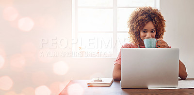 Buy stock photo Cropped shot of a young female designer having coffee while working on her laptop against a digitally enhanced background