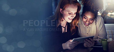 Buy stock photo Business women, tablet and bokeh mockup at night with collaboration and teamwork. Company staff, technology work and web design project of professional brainstorming and planning with banner space