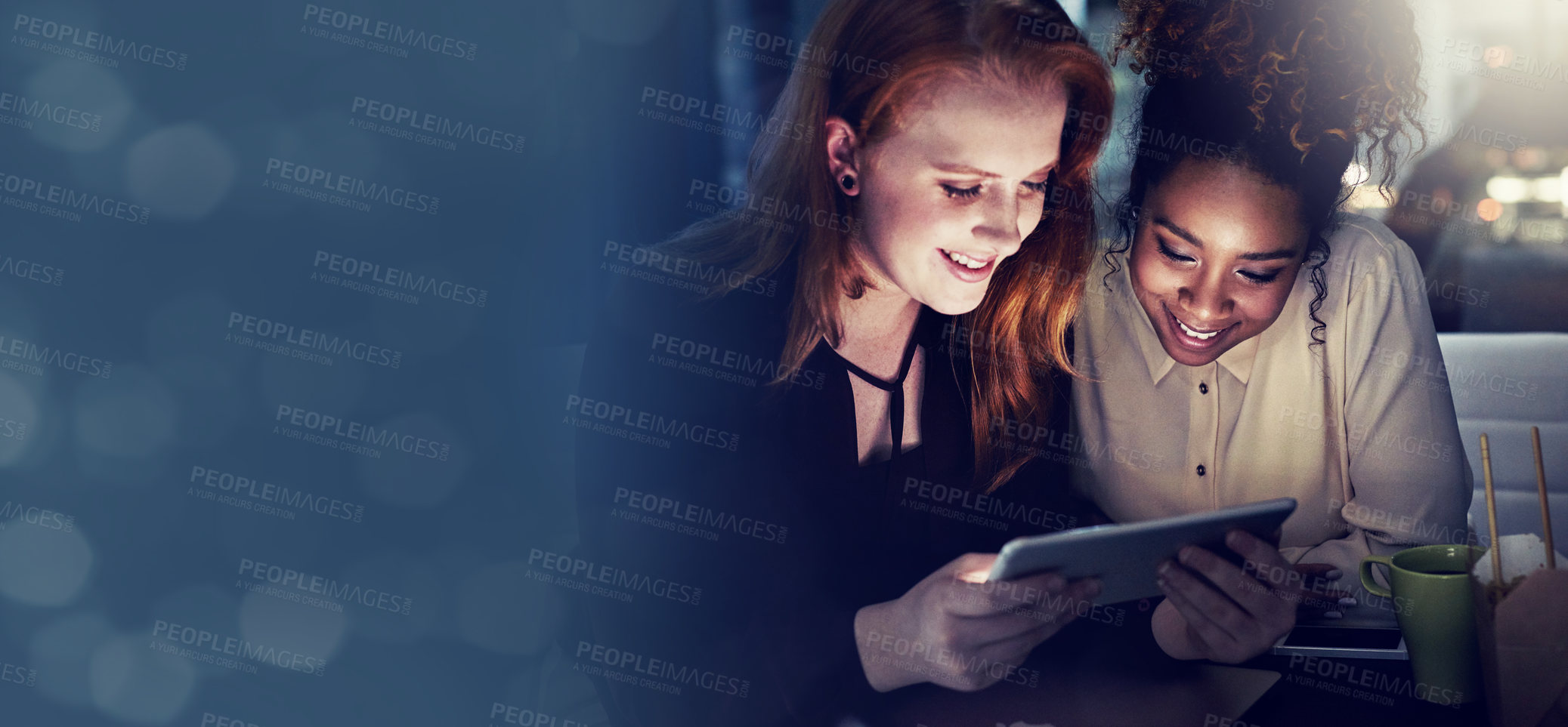 Buy stock photo Business women, tablet and bokeh mockup at night with collaboration and teamwork. Company staff, technology work and web design project of professional brainstorming and planning with banner space