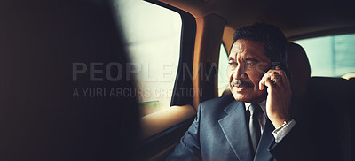 Buy stock photo Taxi, phone call and mature businessman in car for travel, opportunity and morning commute in Mexico. Smartphone, conversation or mafia boss calling gangster for meeting location in chauffeur service