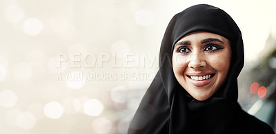 Buy stock photo Happy, face and muslim woman outdoor with bokeh, mockup and joy for spiritual adventure on light background. Islamic, travel and Mecca for Hajj, Ramadan Kareem and Eid celebration in holy city