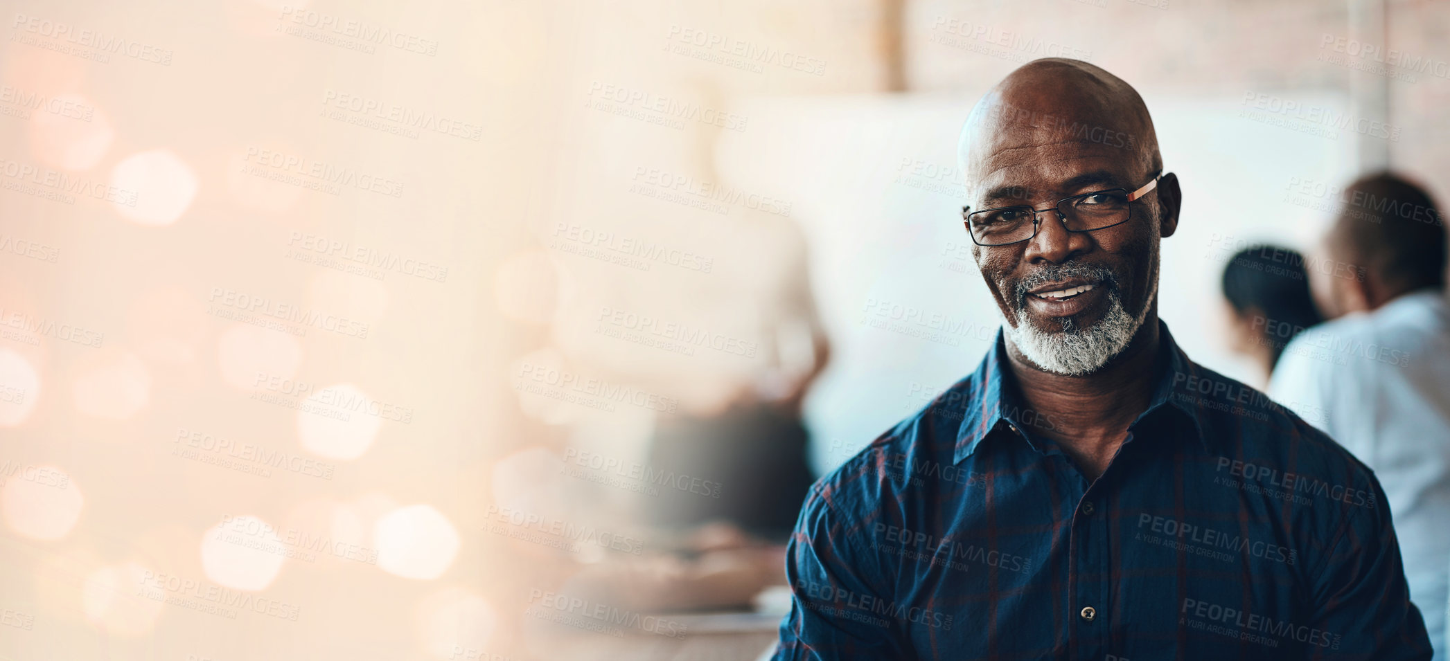 Buy stock photo Cropped portrait of a businessman sitting in the boardroom during a presentation against a digitally enhanced background