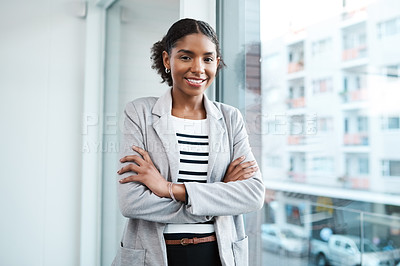 Buy stock photo Confident manager, leader and creative boss with her arms crossed in a powerful, assertive and proud stance. Portrait of smiling, happy and female marketing agent ready for success with arms folded