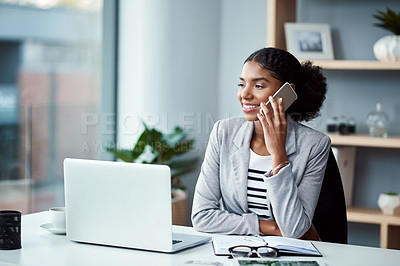 Buy stock photo Business woman talking on phone call or young entrepreneur answering cellphone in front of laptop in work office. Happy, African American female smiling and receiving good news while sitting at desk.