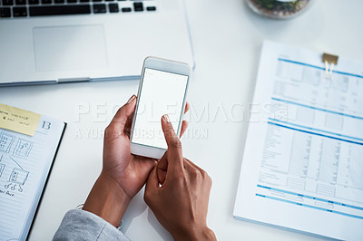 Buy stock photo Cropped shot of a businesswoman using a mobile phone at her desk in an office