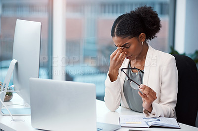 Buy stock photo Stressed, tired and frustrated businesswoman with headache, eye strain and burnout making mistake on office laptop. Overworked creative entrepreneur failing to meet deadline or plan startup strategy