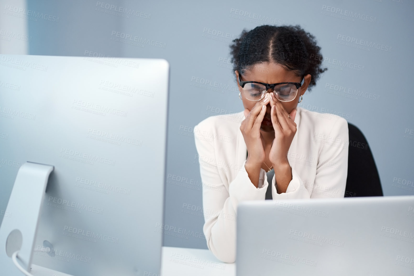 Buy stock photo Frustrated woman, business and headache with stress in burnout, anxiety or mental health at office. Female person, accountant or employee with migraine in debt, mistake or depression at workplace